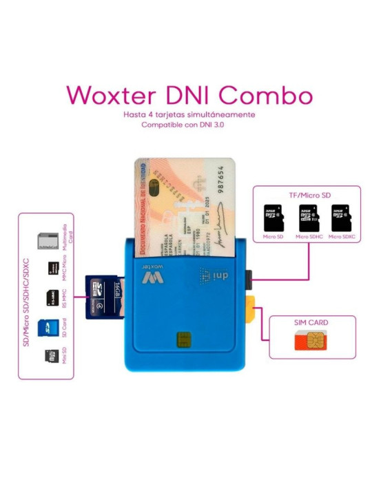 Lector de DNI y Tarjetas Woxter Combo PE26-146/ Azul/ USB 2.0/ Azul