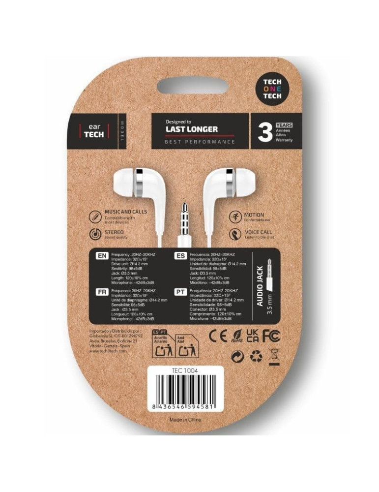 Auriculares Intrauditivos Tech One Tech soft earTECH TEC1004/ con Micrófono/ Jack 3.5/ Blancos