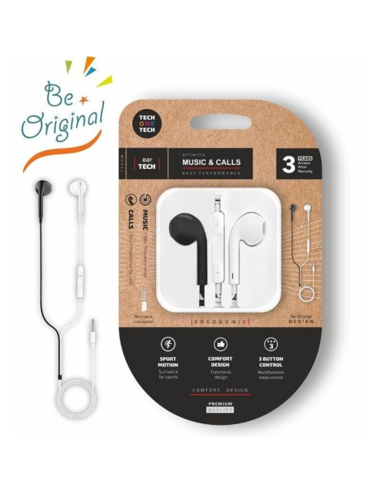 Auriculares Intrauditivos Tech One Tech earTECH B&W Be Original TEC1011/ con Micrófono/ Mini Jack 3.5/ Blanco y Negro