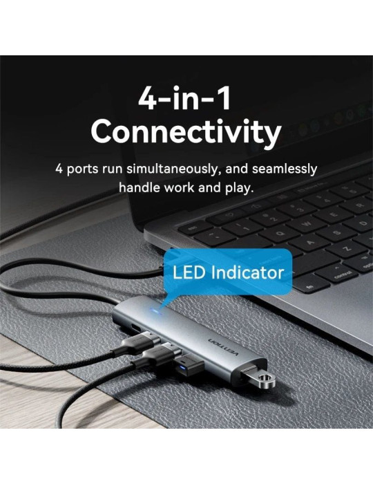 Hub USB Tipo-C 3.0 Vention TGZHB/ 3xUSB/ 1xUSB Tipo-C PD/ Gris