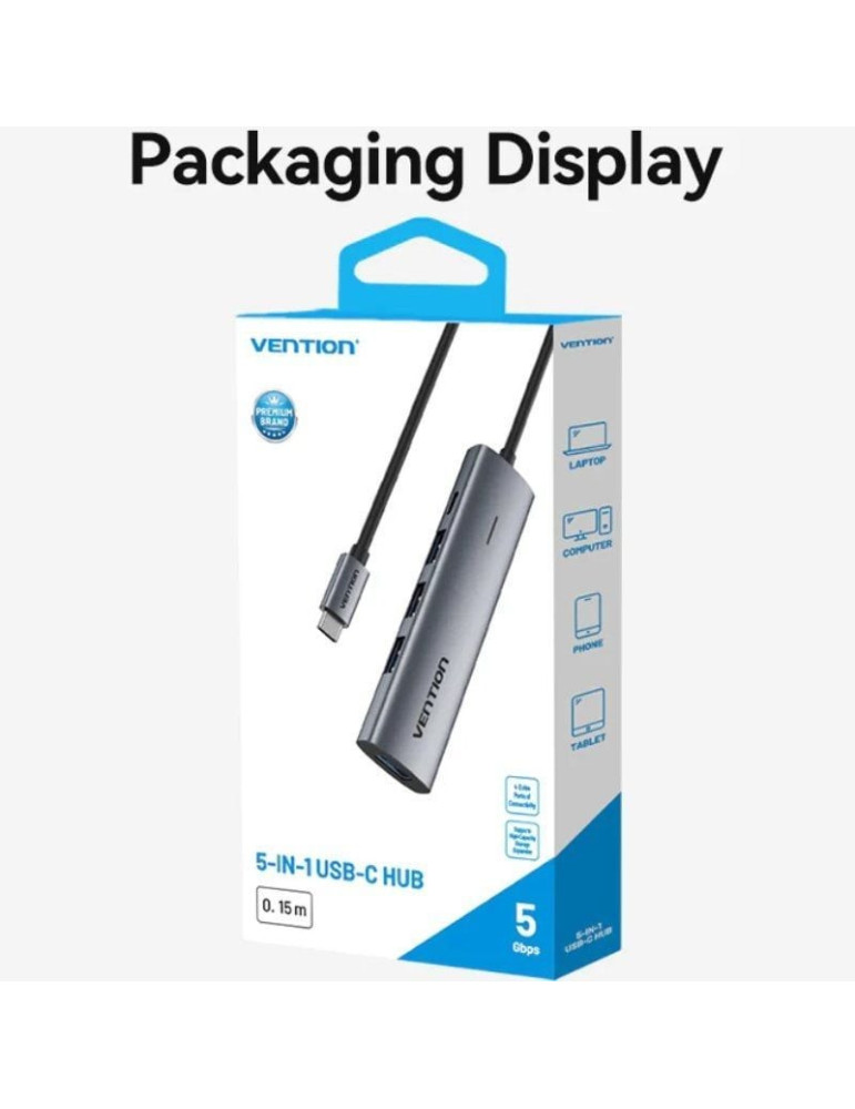 Hub USB Tipo-C 3.0 Vention TGZHB/ 3xUSB/ 1xUSB Tipo-C PD/ Gris