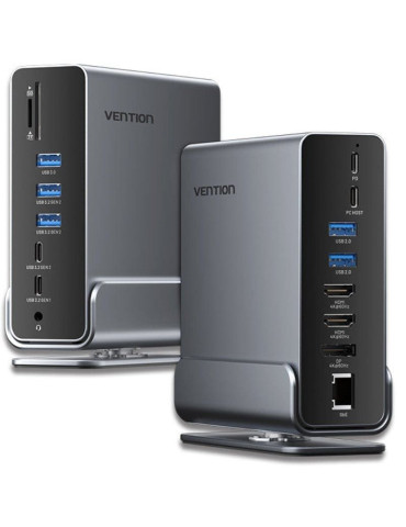 Docking USB Tipo-C Vention TPUH0/ 2xHDMI 4K/ 1xDisplayPort/ 3xUSB Tipo-C/ 5xUSB/ 1xRJ45/ 1xLector de Tarjetas/ 1xJack 3.5/ 1xUSB