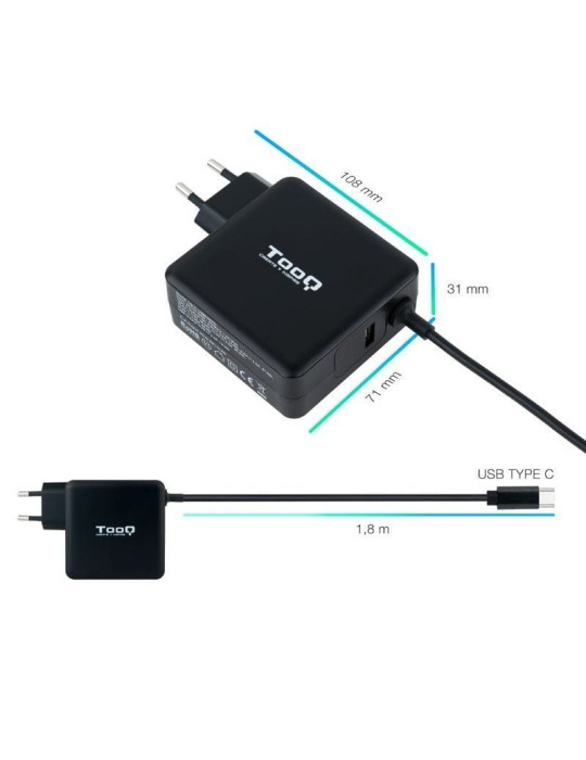 Cargador de Portátil TooQ TQLC-USBC65PD USB Tipo-C/ 1xUSB/ 65W/ Automático/ Voltaje 5-20V