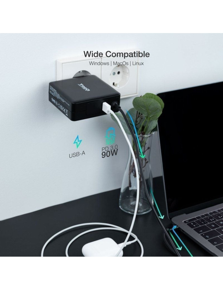 Cargador de Portátil TooQ TQLC-USBC90PD USB Tipo-C/ 1xUSB/ 90W/ Automático/ Voltaje 5-20V