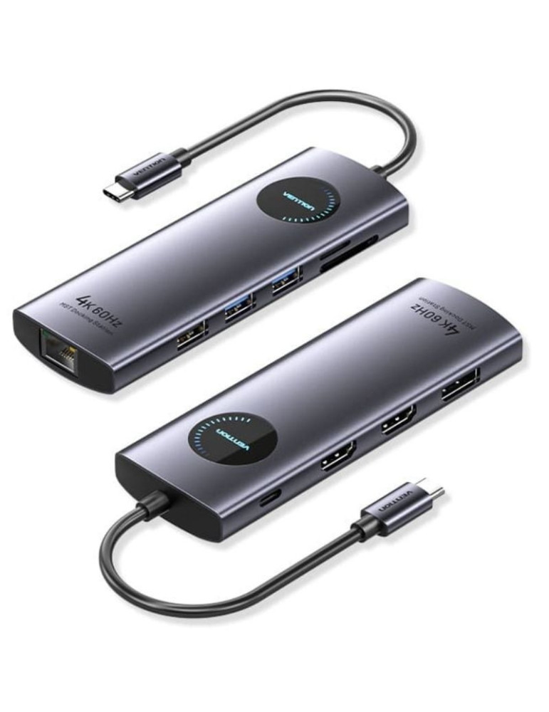 Docking USB Tipo-C Vention TQWHB/ 2xHDMI 4K/ 1xDisplayPort/ 3xUSB/ 1xUSB Tipo-C PD/ 1xRJ45/ 1xLector Tarjetas/ Gris