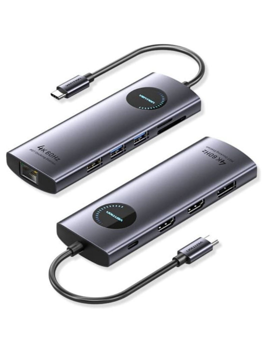 Docking USB Tipo-C Vention TQWHB/ 2xHDMI 4K/ 1xDisplayPort/ 3xUSB/ 1xUSB Tipo-C PD/ 1xRJ45/ 1xLector Tarjetas/ Gris
