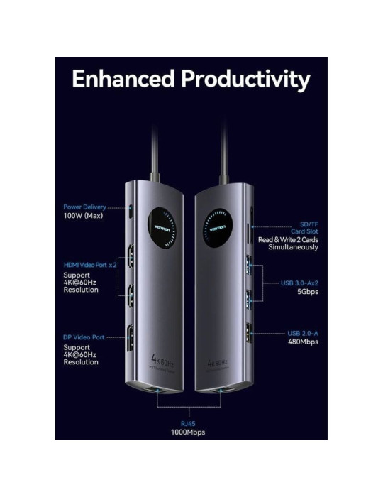 Docking USB Tipo-C Vention TQWHB/ 2xHDMI 4K/ 1xDisplayPort/ 3xUSB/ 1xUSB Tipo-C PD/ 1xRJ45/ 1xLector Tarjetas/ Gris