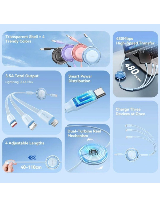 Cable USB Retráctil Vention TRJBBE/ USB Macho - Lightning/ 2xUSB Tipo-C/ Hasta 17.5W/ 10Gbps/ 1.1m/ Negro