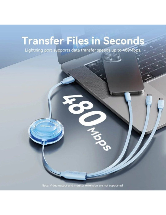 Cable USB Retráctil Vention TRJBBE/ USB Macho - Lightning/ 2xUSB Tipo-C/ Hasta 17.5W/ 10Gbps/ 1.1m/ Negro