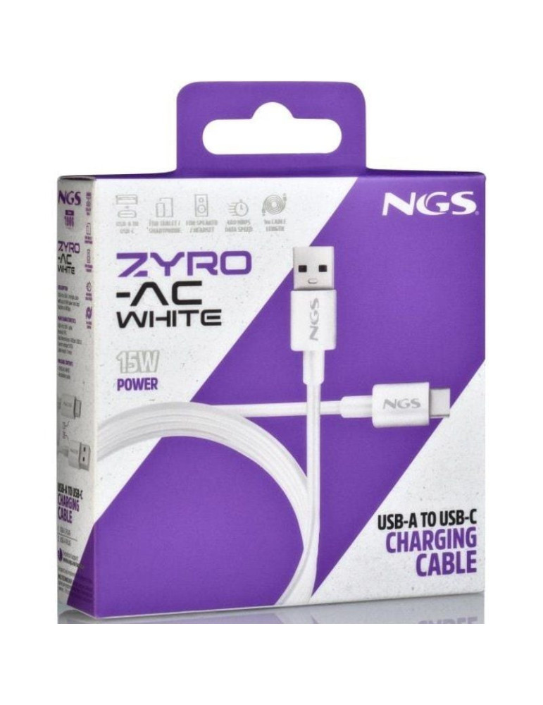 Cable USB 2.0 NGS ZYRO-AC/ USB Macho - USB Tipo-C Macho/ Hasta 15W/ 480Mbps/ 1m/ Blanco