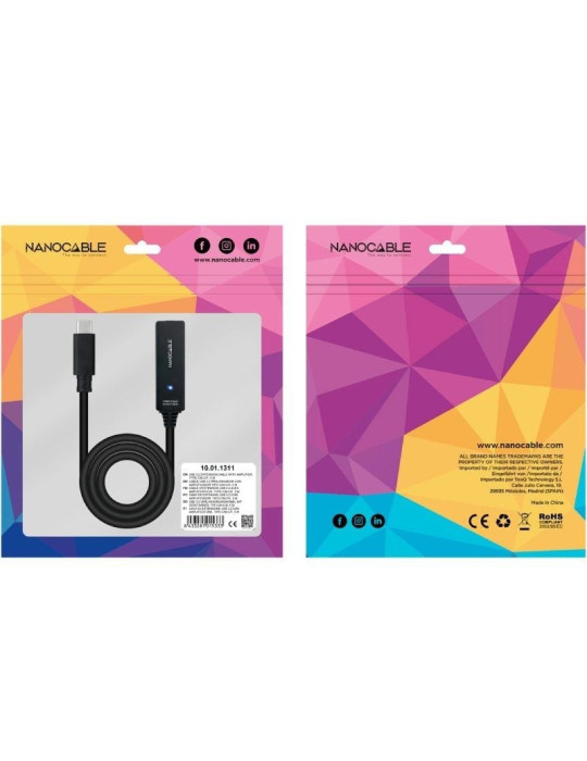 Cable Alargador USB Tipo-C 3.2 con Amplificador Nanocable 10.01.1311/ USB Tipo-C Macho - USB Tipo-C Hembra/ 5m/ Negro