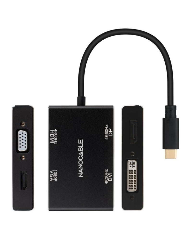 Conversor Nanocable 10.16.4307/ USB Tipo-C Macho - VGA Hembra/ DVI Hembra/ HDMI Hembra/ DisplayPort Hembra/ 10cm/ Negro