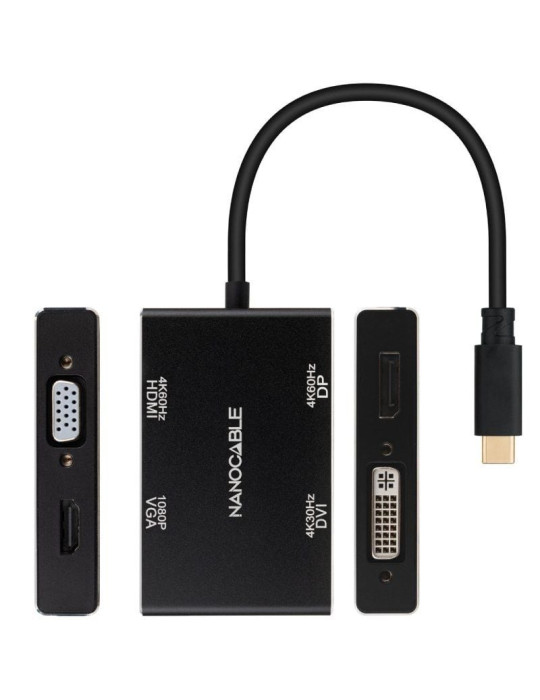 Conversor Nanocable 10.16.4307/ USB Tipo-C Macho - VGA Hembra/ DVI Hembra/ HDMI Hembra/ DisplayPort Hembra/ 10cm/ Negro