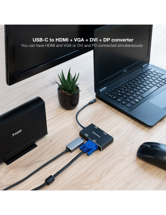 Conversor Nanocable 10.16.4307/ USB Tipo-C Macho - VGA Hembra/ DVI Hembra/ HDMI Hembra/ DisplayPort Hembra/ 10cm/ Negro
