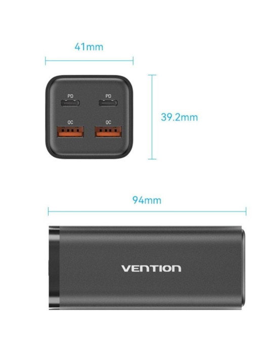 Cargador de Pared Vention FBSBG-EU/ 2xUSB Tipo-C + Cable USB Tipo-C/ 2xUSB/ 100W