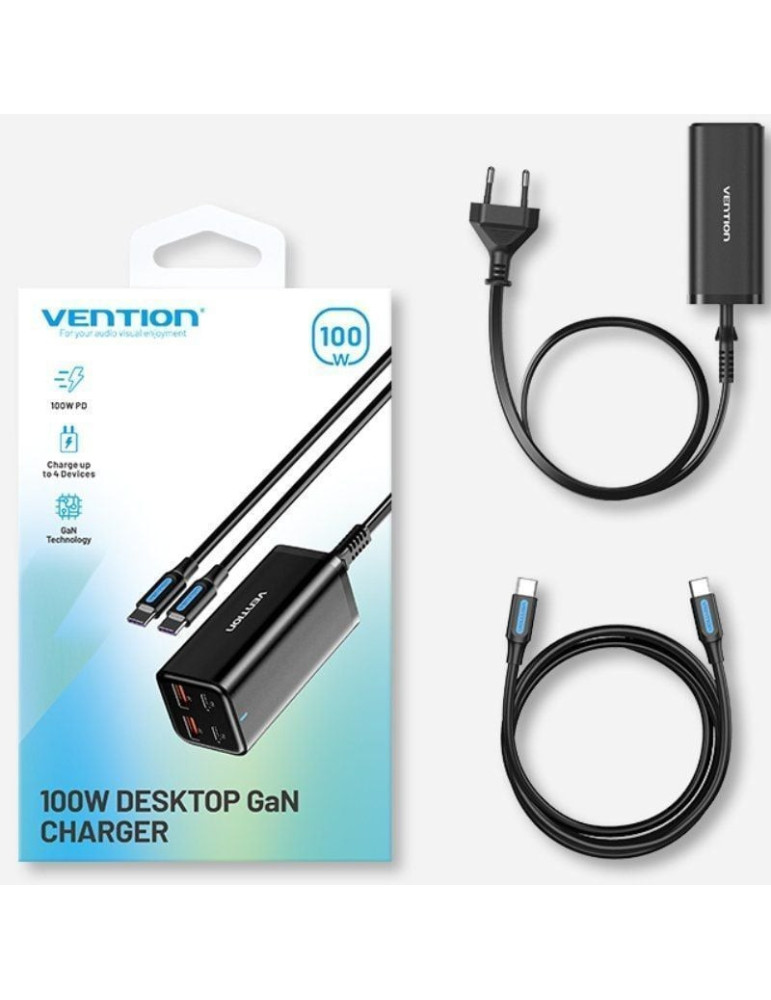 Cargador de Pared Vention FBSBG-EU/ 2xUSB Tipo-C + Cable USB Tipo-C/ 2xUSB/ 100W
