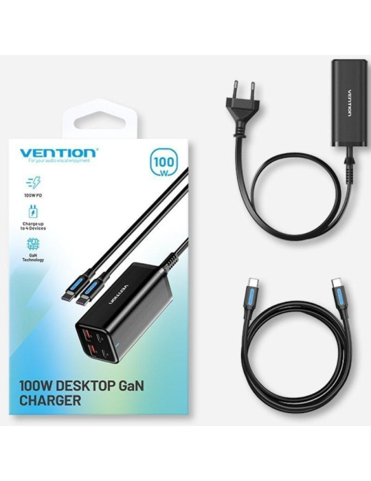 Cargador de Pared Vention FBSBG-EU/ 2xUSB Tipo-C + Cable USB Tipo-C/ 2xUSB/ 100W