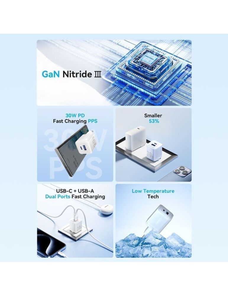 Cargador de Pared GaN Vention FEQB0-EU/ 1xUSB Tipo-C/ 1xUSB/ 30W