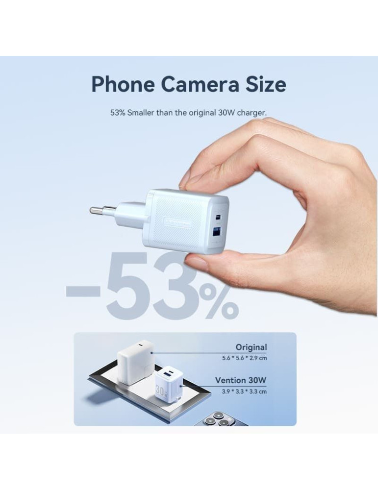 Cargador de Pared GaN Vention FEQB0-EU/ 1xUSB Tipo-C/ 1xUSB/ 30W