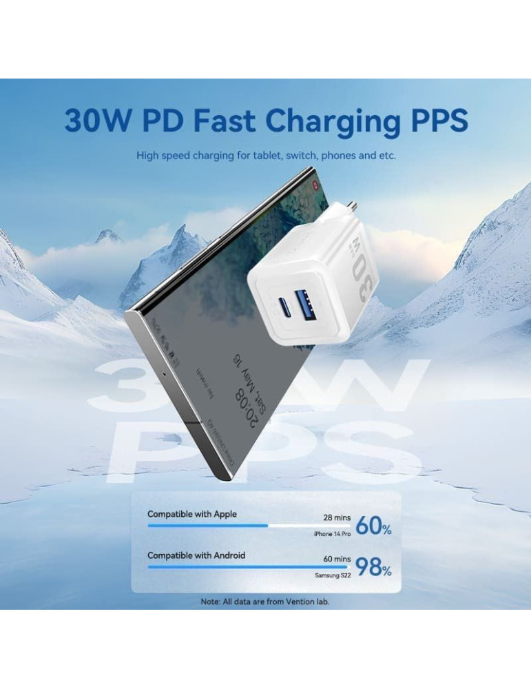 Cargador de Pared GaN Vention FEQB0-EU/ 1xUSB Tipo-C/ 1xUSB/ 30W