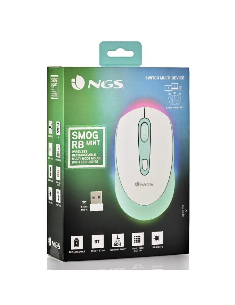 Ratón Inalámbrico NGS Smog Mint-RB/ Batería recargable/ Hasta 2400 DPI/ Verde Menta