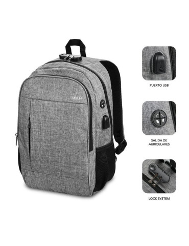 Mochila Subblim Urban Lock para Portátiles hasta 16"/ Puerto USB/ Antirrobo/ Gris 2