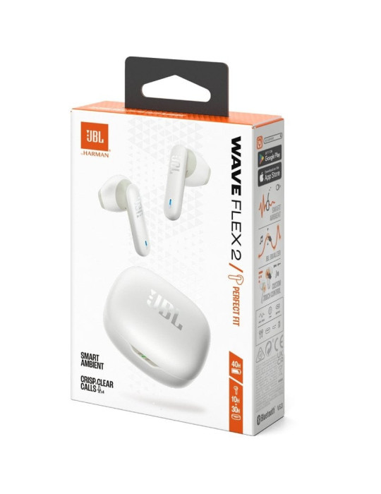 Auriculares Bluetooth JBL Wave Flex 2 con estuche de carga/ Autonomía 10h/ Blancos