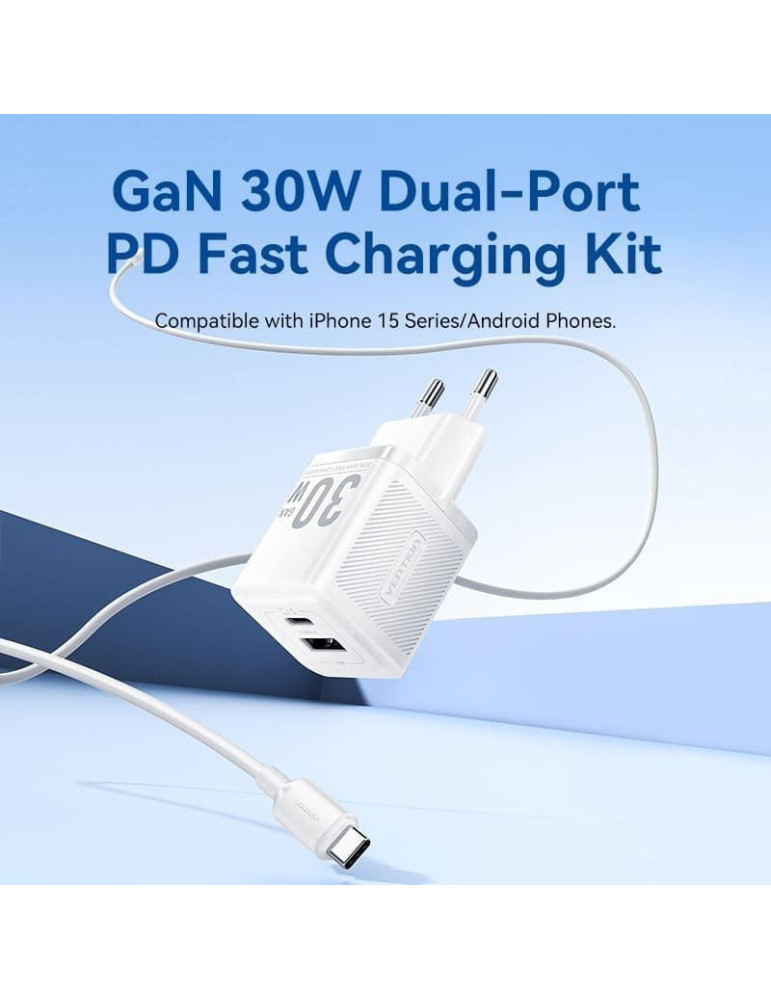Cargador de Pared GaN Vention TZ-FEQB0-EU-01/ 1xUSB Tipo-C/ 1xUSB + Cable USB Tipo-C/ 30W