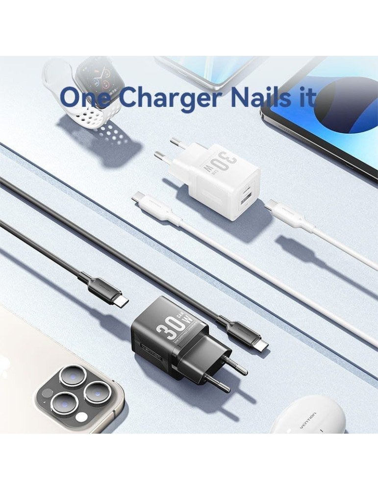 Cargador de Pared GaN Vention TZ-FEQB0-EU-01/ 1xUSB Tipo-C/ 1xUSB + Cable USB Tipo-C/ 30W
