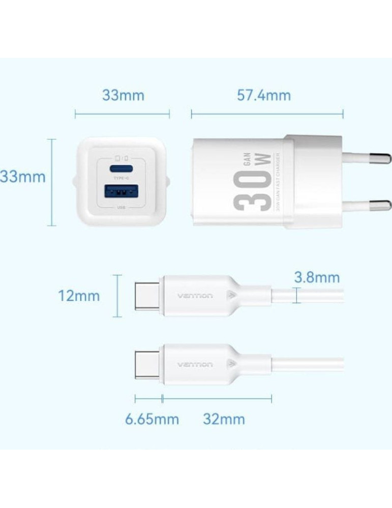 Cargador de Pared GaN Vention TZ-FEQB0-EU-01/ 1xUSB Tipo-C/ 1xUSB + Cable USB Tipo-C/ 30W