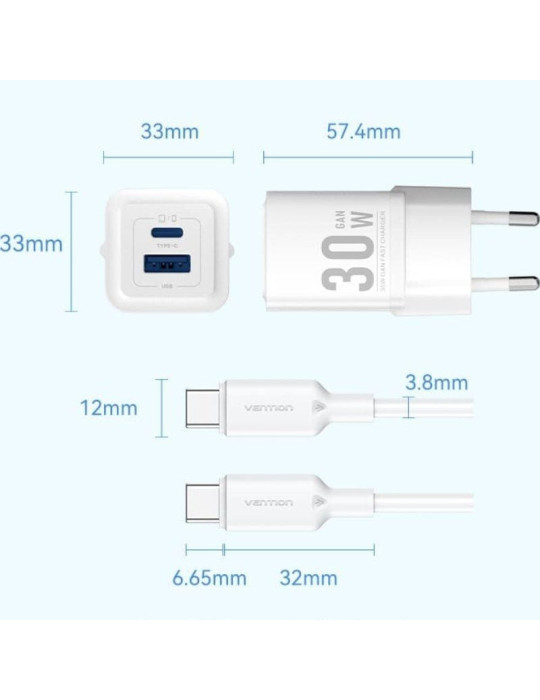Cargador de Pared GaN Vention TZ-FEQB0-EU-01/ 1xUSB Tipo-C/ 1xUSB + Cable USB Tipo-C/ 30W