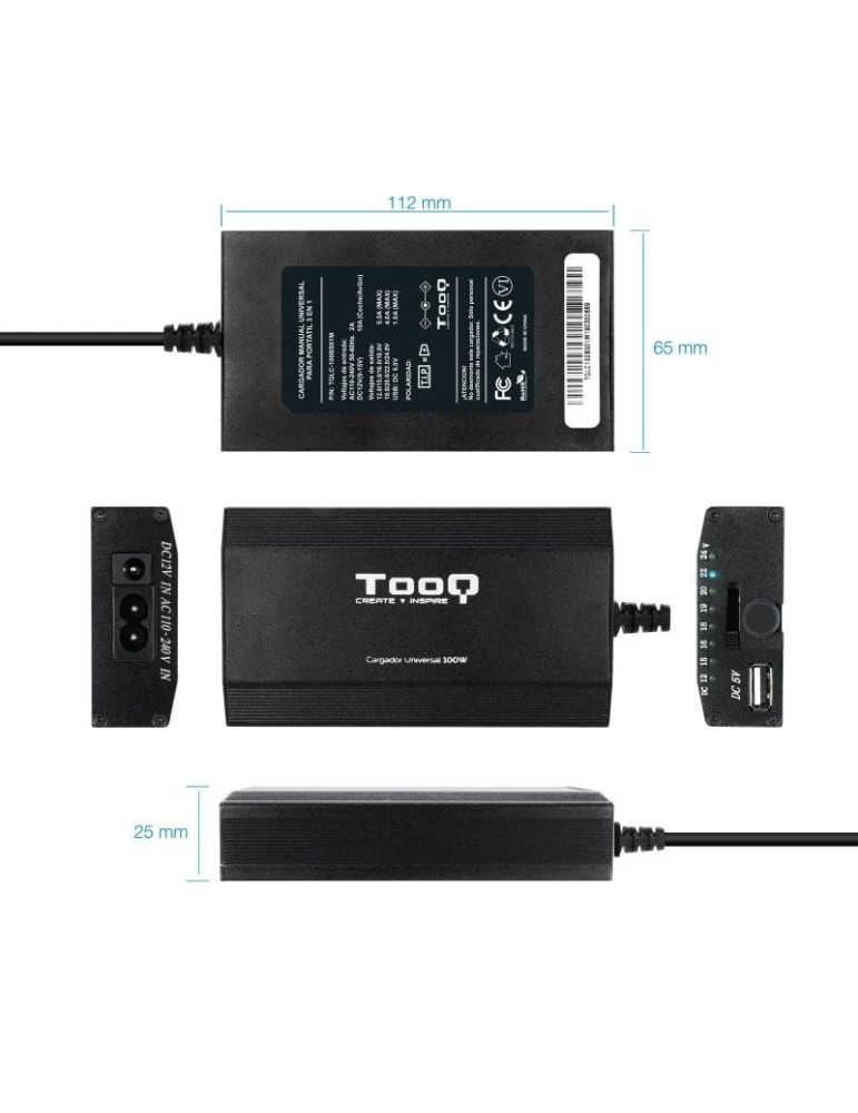 Cargador de Portátil TooQ TQLC-100BS01M/ 1xUSB/ 100W/ Manual/ 12 Conectores/ Voltaje 12-24V