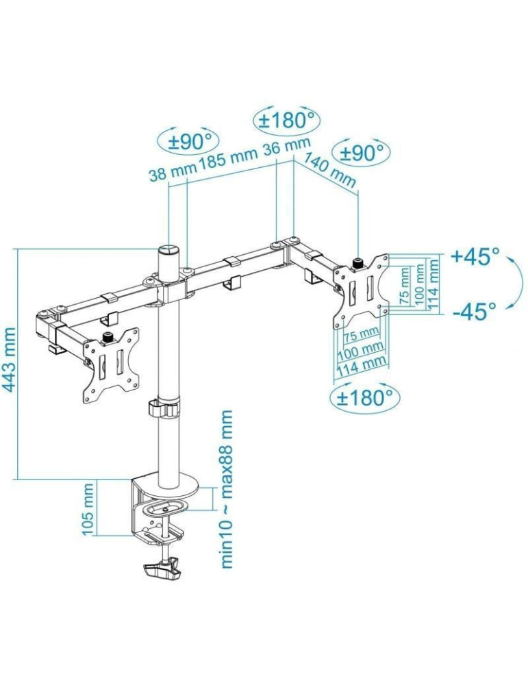 Soporte de Mesa para 2 Monitores TooQ DB1232TN-B/ Giratorio/ Inclinable/ hasta 8kg