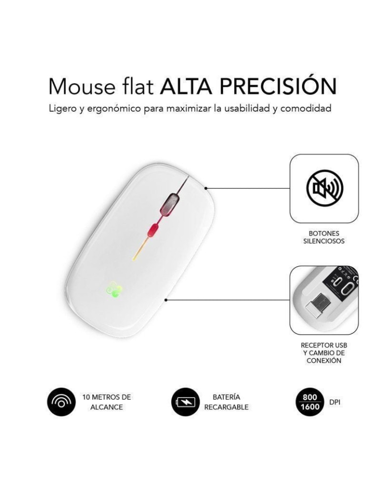 Ratón Inalámbrico Subblim LED Dual Flat/ Batería recargable/ Hasta 1600 DPI/ Blanco