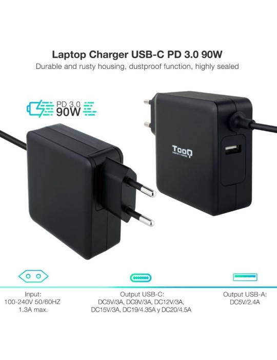 Cargador de Portátil TooQ TQLC-USBC90PD USB Tipo-C/ 1xUSB/ 90W/ Automático/ Voltaje 5-20V