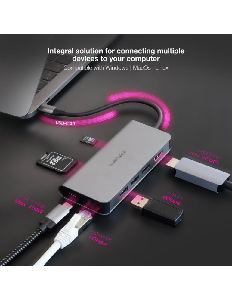 Docking Tipo-C Nanocable 10.16.4609/ 3xUSB/ 1xHDMI 4K/ 1xRJ45/ 1xLector tarjetas/ 1xUSB Tipo-C PD/ Gris