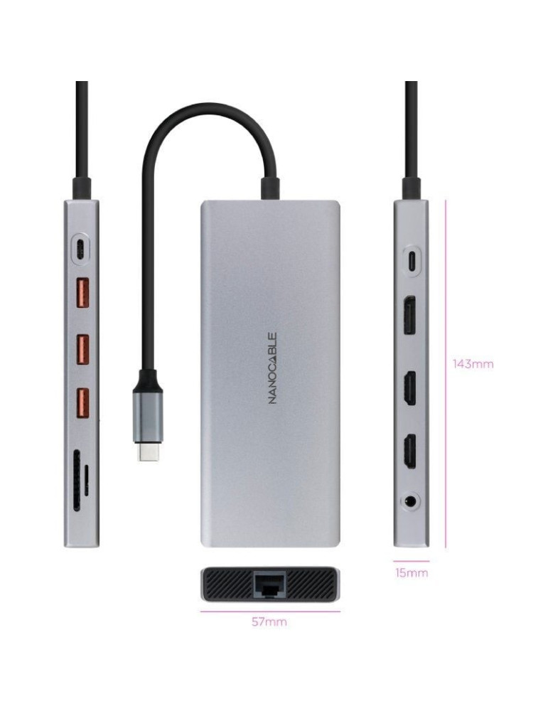 Docking Tipo-C Nanocable 10.16.4612/ 3xUSB/ 1xUSB Tipo-C/ 2xHDMI 4K/ 1xDisplayPort/ 1xRJ45/ 1xLector tarjetas/ 1xJack 3.5/ 1xUSB