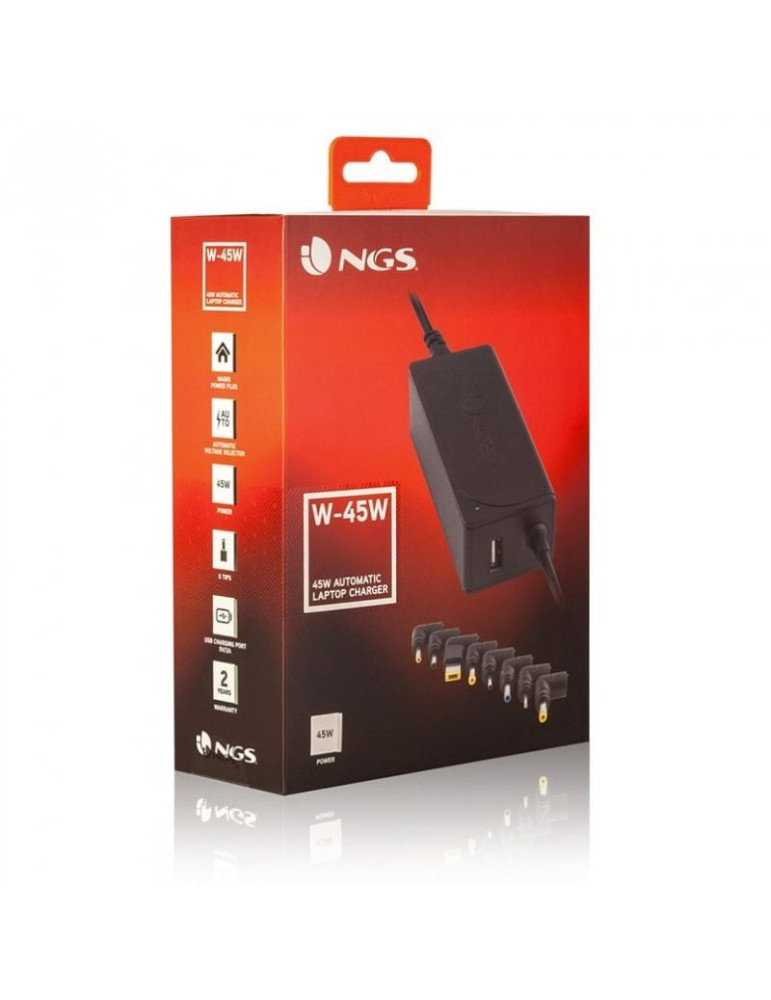 Cargador de Portátil NGS W-45W/ 1xUSB/ 45W/ Automático/ 8 Conectores/ Voltaje 19-20V