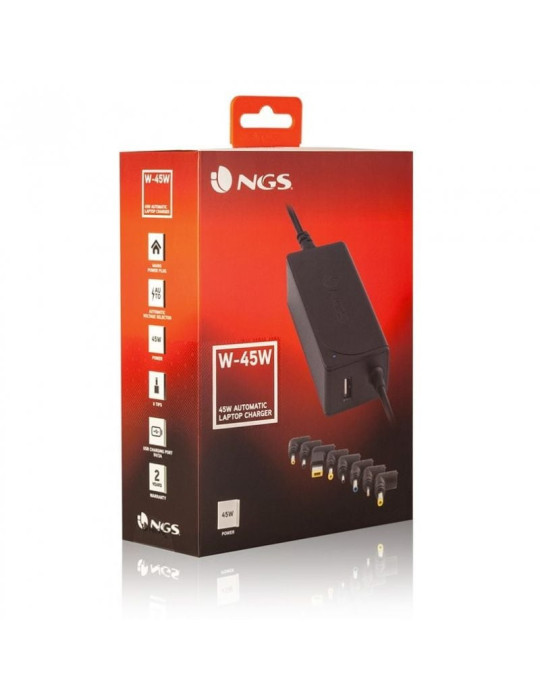 Cargador de Portátil NGS W-45W/ 1xUSB/ 45W/ Automático/ 8 Conectores/ Voltaje 19-20V