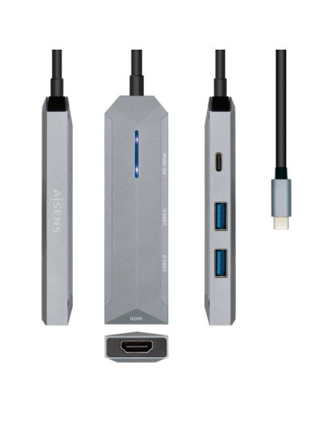 Docking USB Tipo-C Aisens ASUC-4P002-GR/ 1xHDMI 4K/ 2xUSB/ 1xUSB Tipo-C PD/ Gris