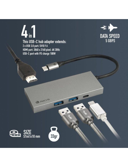 Docking USB Tipo-C NGS WonderDock4 Pro/ 2xUSB/ 1xUSB Tipo-C DP/ 1xHDMI 4K/ Gris