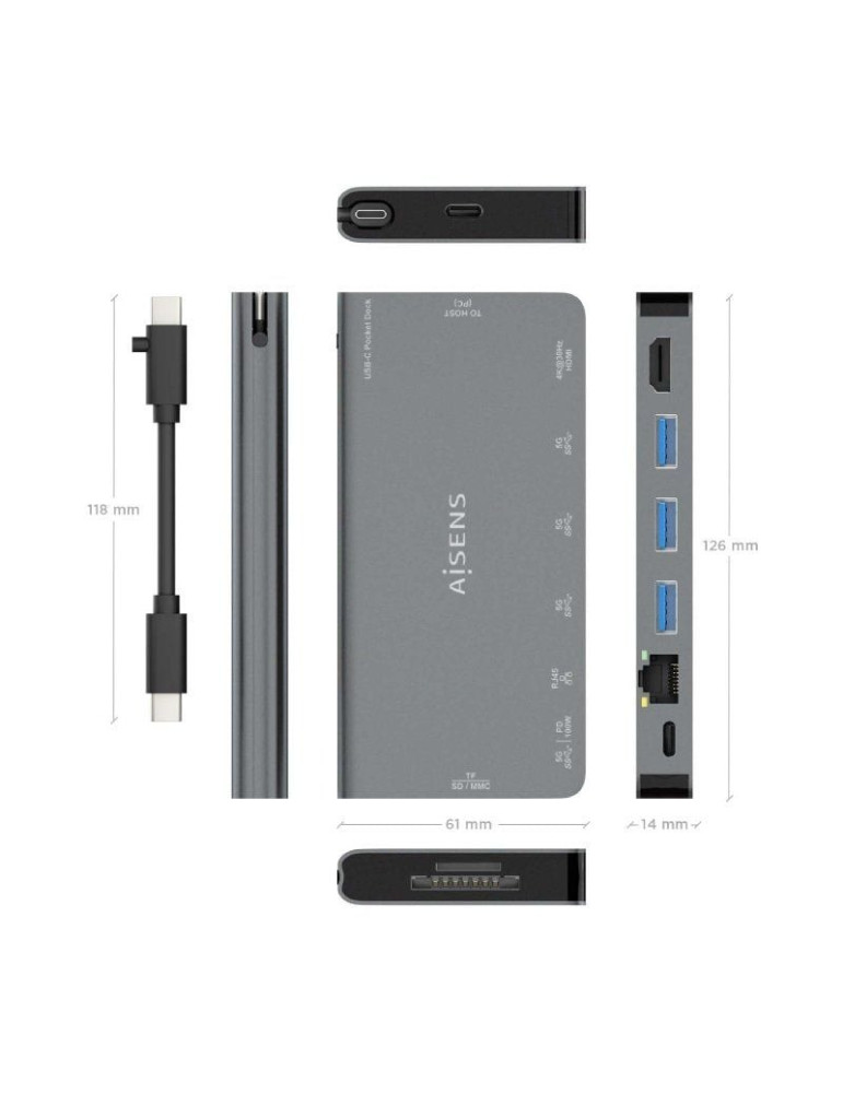 Docking USB Tipo-C Aisens ASUC-8P015-GR/ 1xHDMI 4K/ 3xUSB/ 1xRJ45/ 1xLector Tarjetas / 1xUSB Tipo-C/ Gris