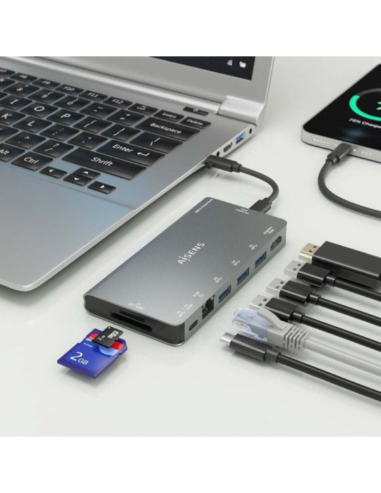 Docking USB Tipo-C Aisens ASUC-8P015-GR/ 1xHDMI 4K/ 3xUSB/ 1xRJ45/ 1xLector Tarjetas / 1xUSB Tipo-C/ Gris