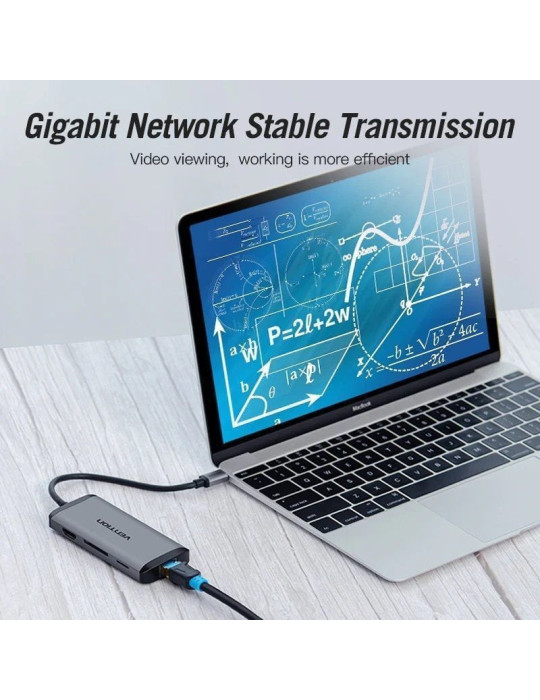 Docking USB Tipo-C Vention CNDHB/ 1xHDMI 4K/ 3xUSB/ 1xUSB Tipo-C PD/ 1xRJ45/ 1xLector tarjetas/ Gris