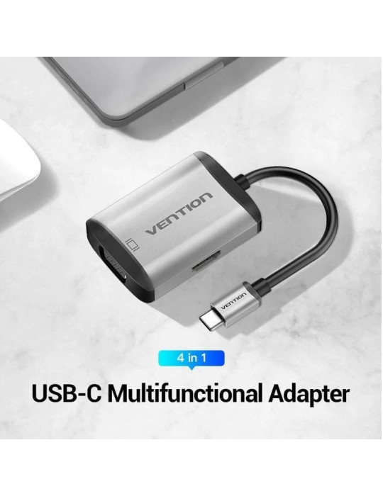 Conversor Vention TFAHB/ 1xUSB/ 1xHDMI/ 1xVGA/ 1xUSB Tipo-C PD/ Gris