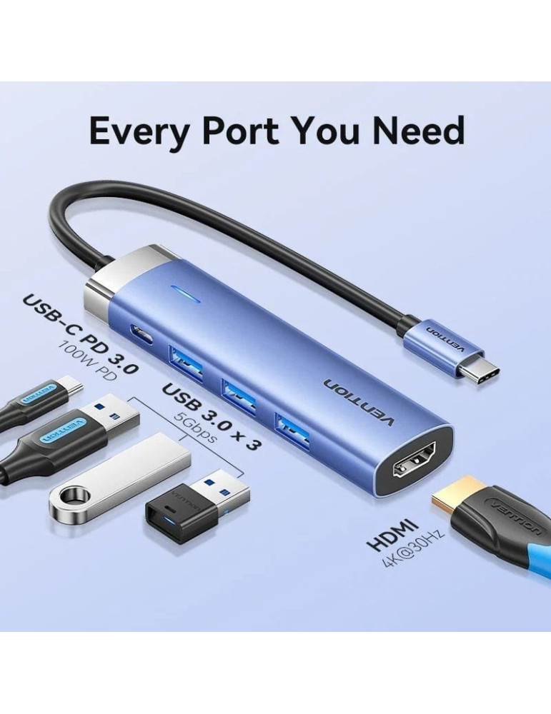 Docking USB Tipo-C Vention TGESB/ 3xUSB/ 1xHDMI 4K/ 1xUSB Tipo-C PD/ Azul