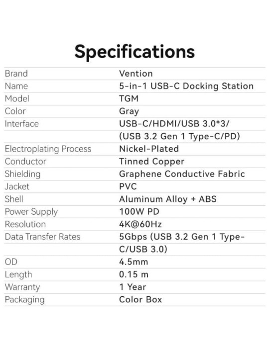 Docking USB Tipo-C Vention TGMHB/ 3xUSB/ 1xHDMI 4K/ 1xUSB Tipo-C PD/ Gris