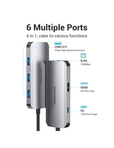Docking USB Tipo-C Vention TOHHB/ 1xHDMI 4K/ 3xUSB/ 1xRJ45/ 1xUSB Tipo-C PD/ Gris 2