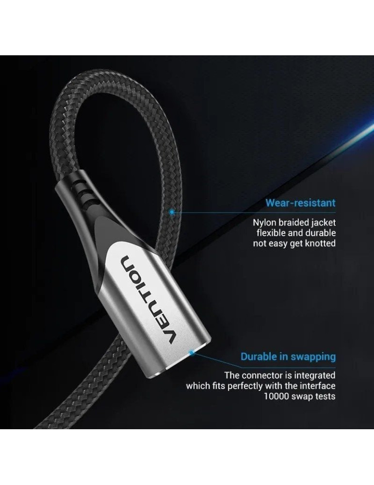 Cable Alargador USB 3.1 Tipo-C Vention TABHF/ USB Tipo-C Macho - USB Tipo-C Hembra/ Hasta 60W/ 5Gbps/ 1m/ Gris