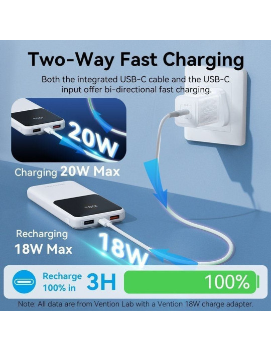 Powerbank 10000mAh Vention FHOW0/ 22.5W/ Blanca/ Incluye Cable USB Tipo-C y Lightning